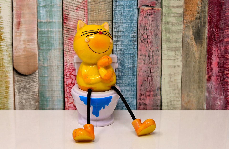 Toy cat sitting on a toilet and smiling